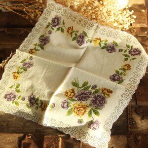 Vintage Handkerchief, Purple and Yellow Roses Flower Print Cotton Hankie